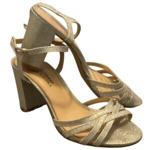 Badgley Mischka Womens Strappy Sandals 7 Heels Silver Glitter Metallic Formal